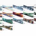 Colourful BioThane printed martingale half-check collars displayed in a product gallery showing various landscape and nature designs.