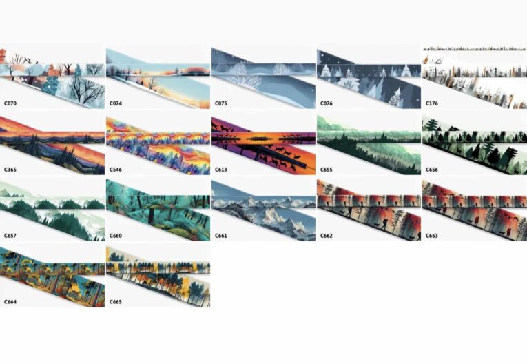 Colourful BioThane printed martingale half-check collars displayed in a product gallery showing various landscape and nature designs.