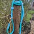 Bright turquoise BioThane hands-free lead wrapped around wooden post, showing adjustable straps and metal hardware.