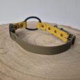 Quick-snap bungee collar with lockable buckle in cream and yellow BioThane straps on wooden surface.