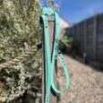 Mint green polka dot double-ended lead with BioThane straps and metal clasps, displayed on wooden post.