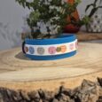 Blue BioThane printed double layer hound collar with candy heart design and brass hardware, displayed on wooden surface.