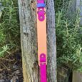 Vibrant custom tapered hound collar in peach and magenta BioThane with brass hardware, displayed on weathered wood.