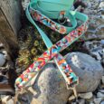 Turquoise BioThane double-ended training lead with vibrant patterned printed accent webbing and brass hardware clasps.