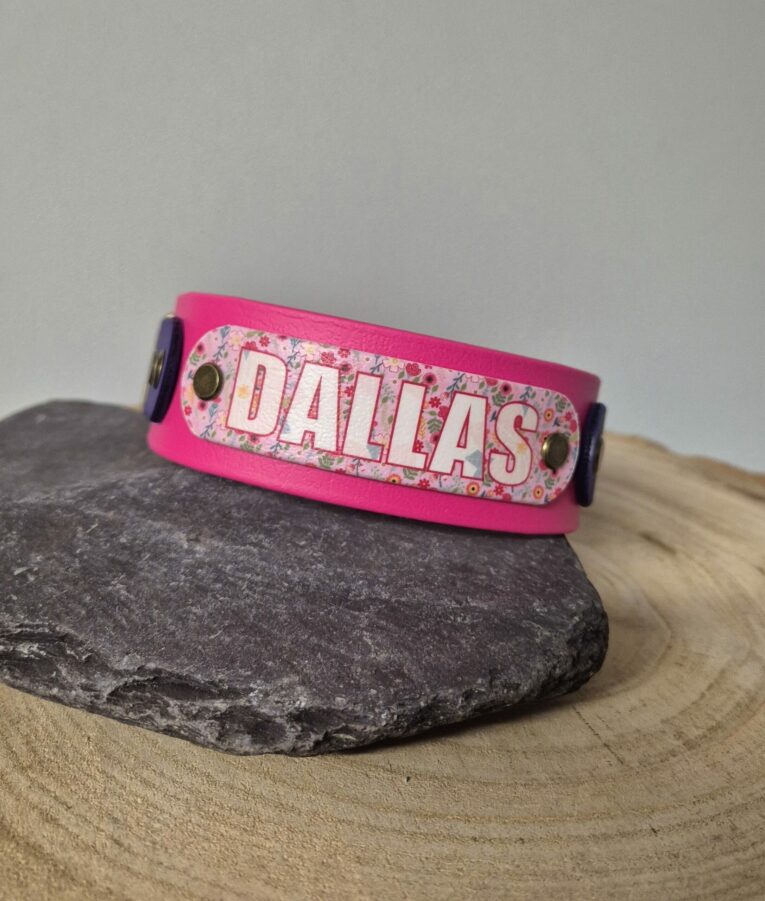 Pink printed double layer hound collar with floral design and brass hardware, displayed on stone.