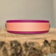 Pink and magenta custom hound collar with double-layer BioThane design, displayed on natural wood.