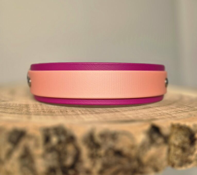 Pink and magenta custom hound collar with double-layer BioThane design, displayed on natural wood.