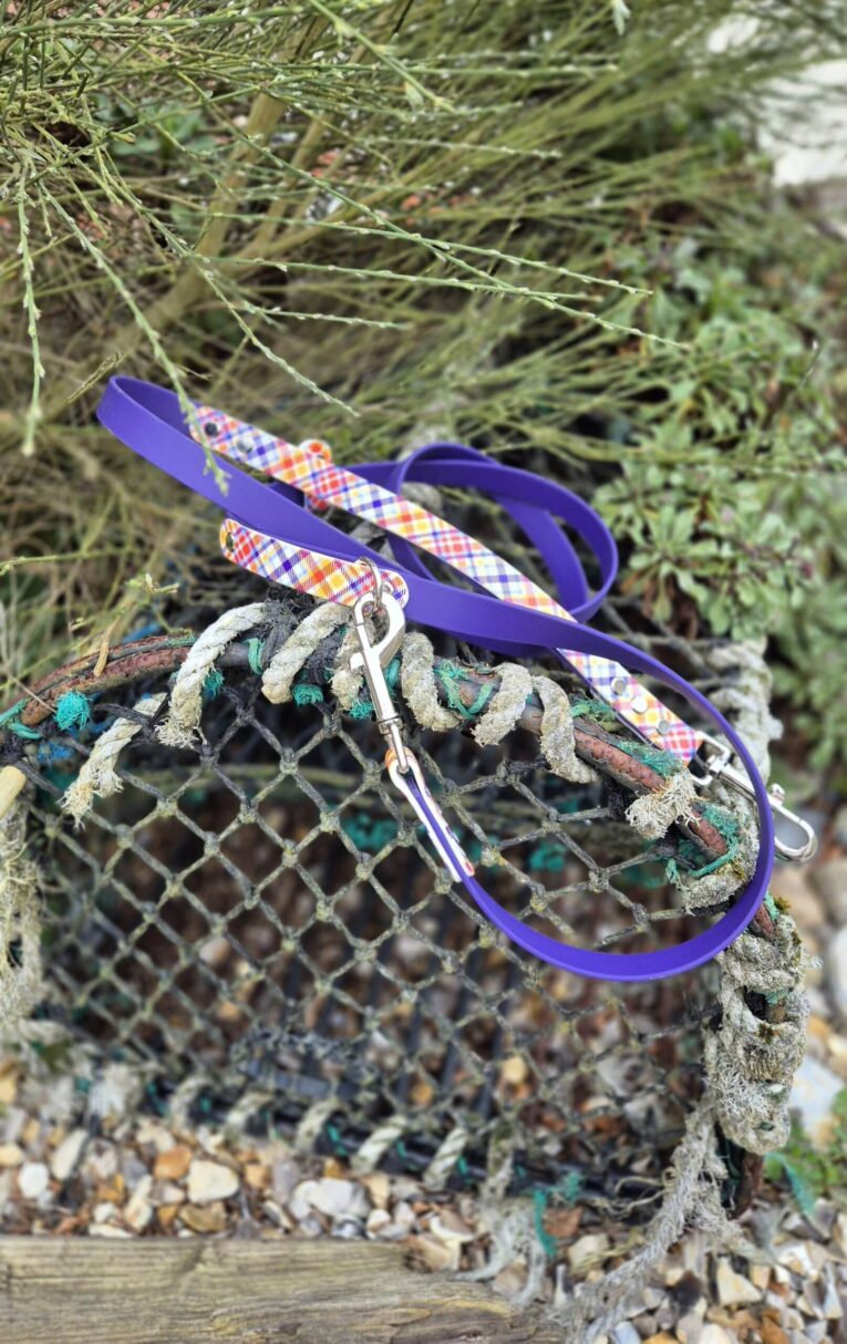 Purple printed BioThane dog lead with colourful woven handle attached to weathered coastal netting.