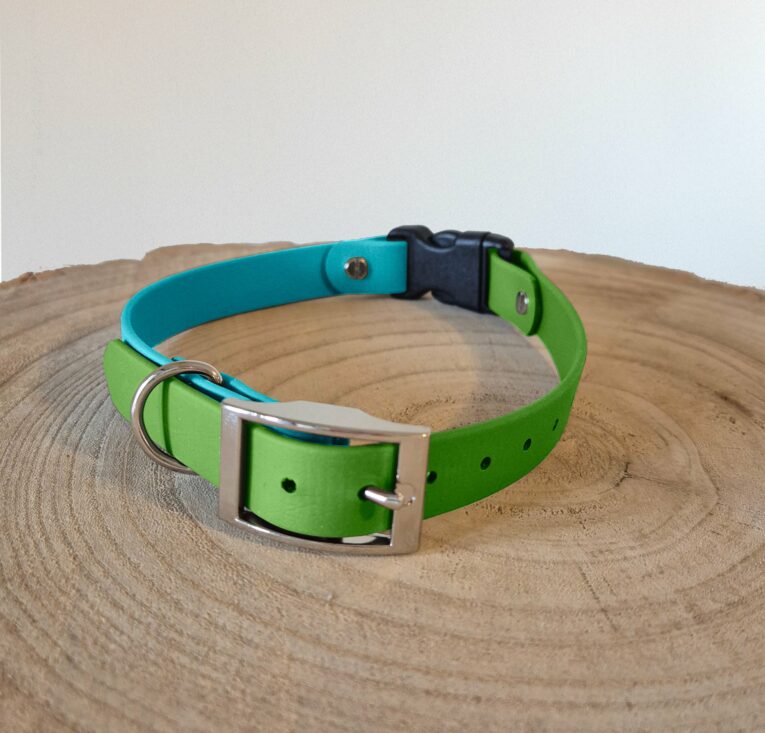 Bright lime green and turquoise BioThane quick-snap collar strap with nickel hardware, displayed on wooden surface.
