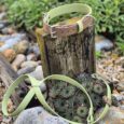 Waterproof figure of eight head collar in lime green and brown BioThane with nickel hardware, displayed on weathered wood in natural setting.