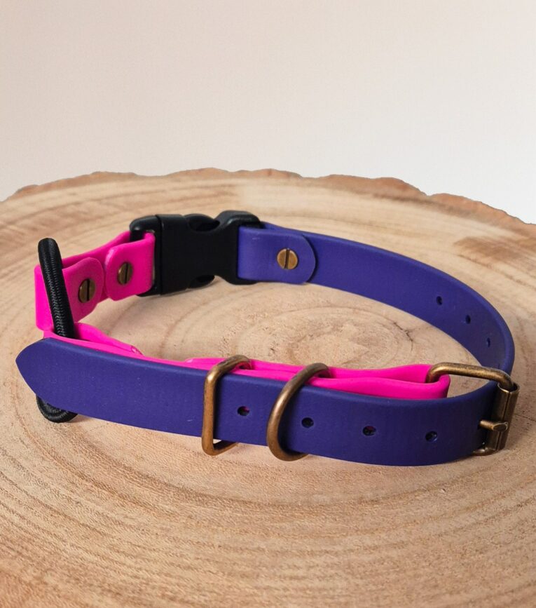 Vibrant quick-snap bungee collar strap in purple and hot pink BioThane with antique brass hardware, displayed on natural wood.