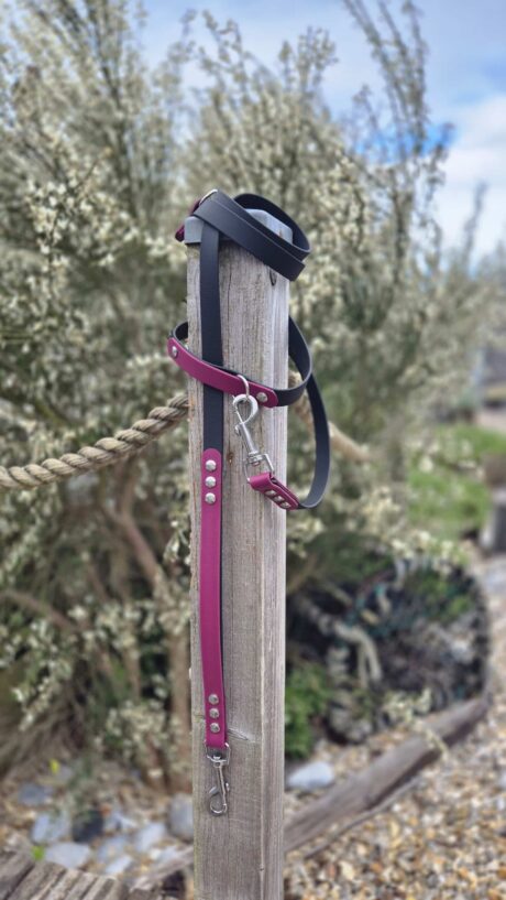 Waterproof BioThane double-ended lead in burgundy and black with traffic handle, displayed on wooden post.