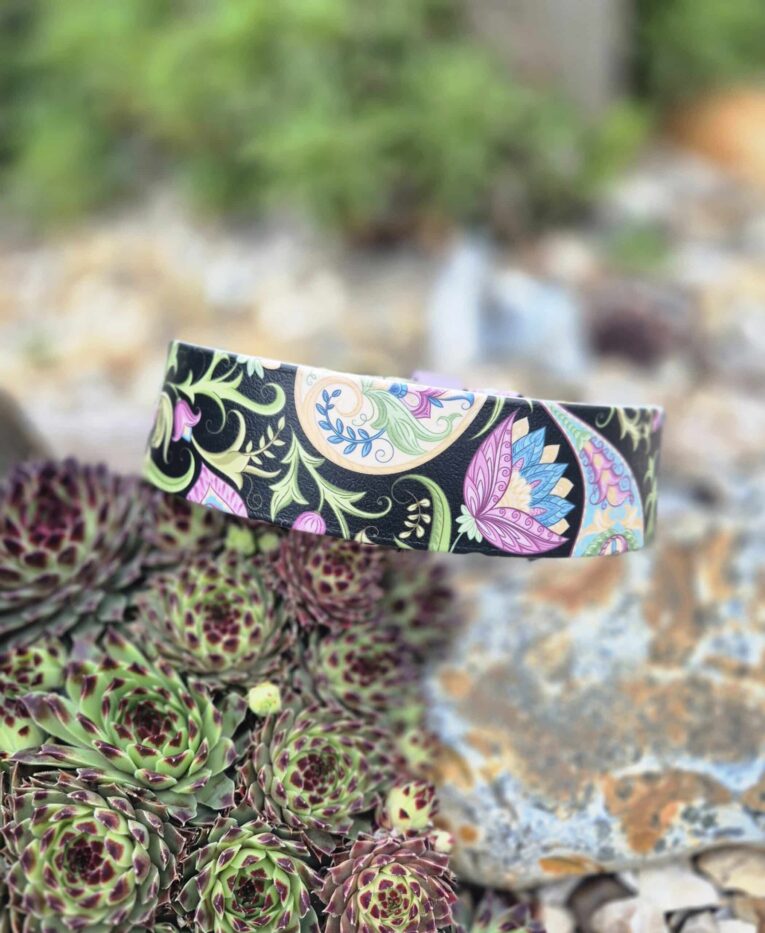 Colourful extra wide printed BioThane collar displayed on succulent plants, featuring vibrant floral and geometric patterns on black.