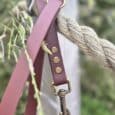 Pink custom BioThane lead with antique brass hardware, rope attachment, and nature background.