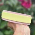 Hand holding layered custom hound collar in yellow and pink, garden backdrop.