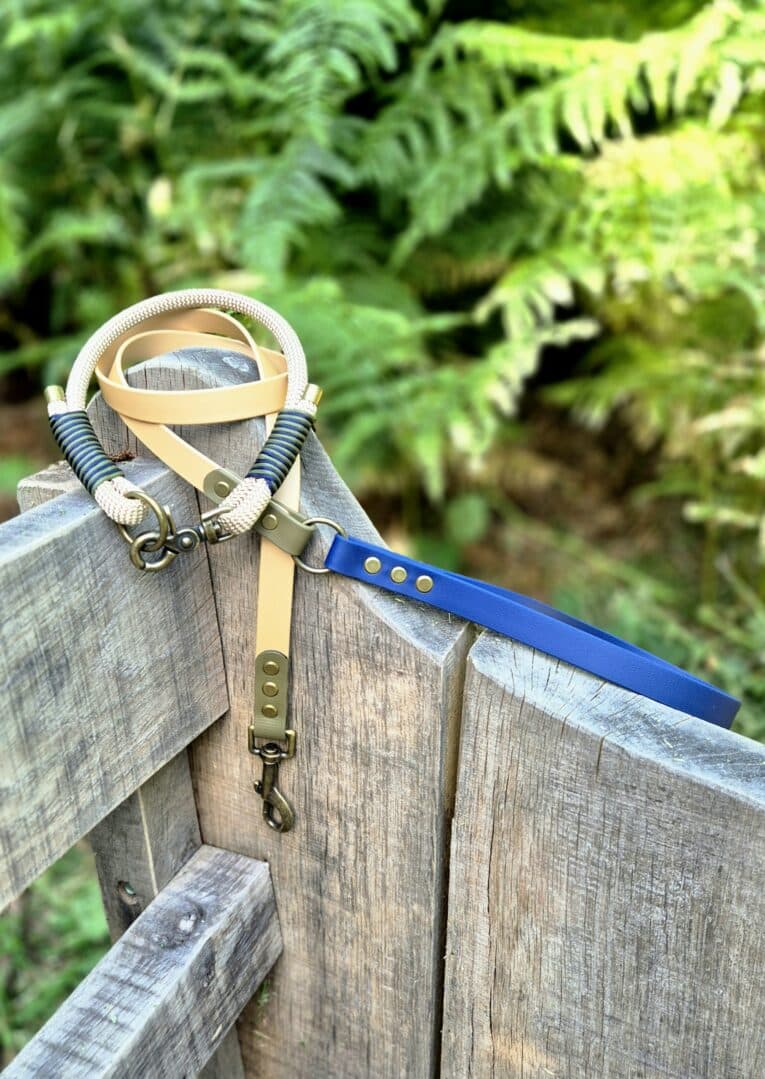 Aubreys x Lutchfords collaboration paracord collar and BioThane lead in beige, navy and olive with antique brass hardware.