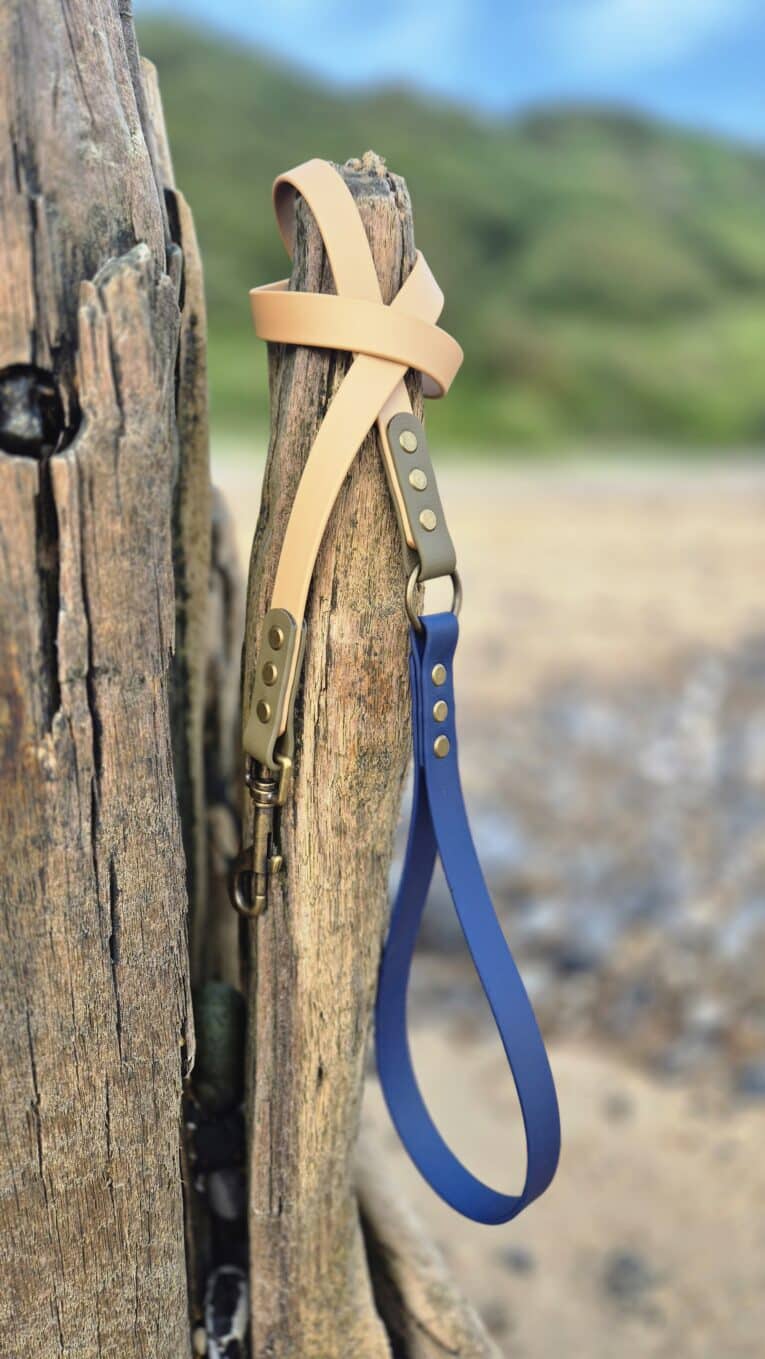 Aubreys x Lutchfords collaboration lead in beige and navy blue, featuring antique brass hardware and BioThane construction.
