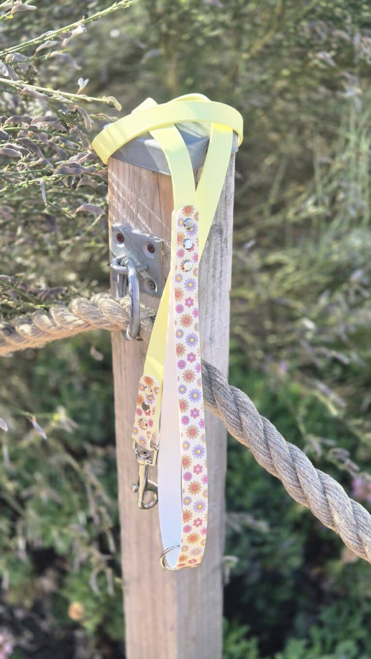 Pastel yellow BioThane lead with printed floral accents, secured to wooden post with rope.
