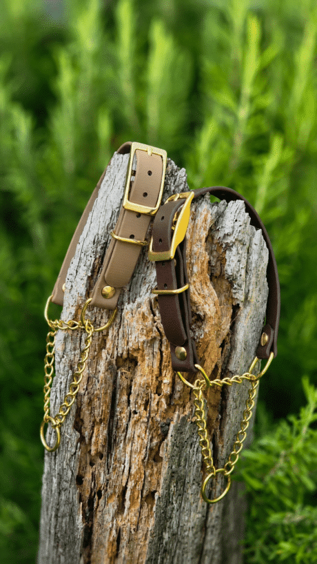 Adjustable martingale half-check collar in taupe and dark brown BioThane with brass hardware and chain detail, displayed on weathered wood.