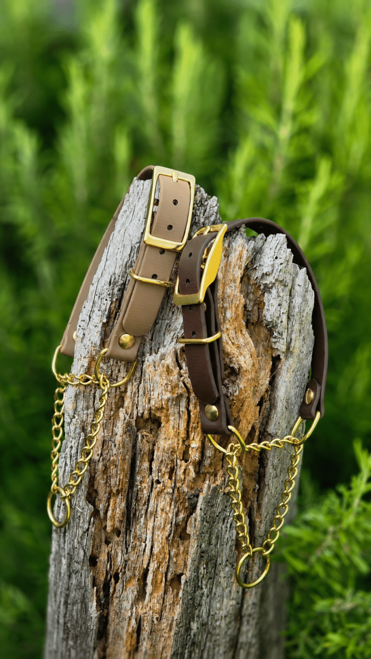 Adjustable martingale half-check collar in taupe and dark brown BioThane with brass hardware and chain detail, displayed on weathered wood.