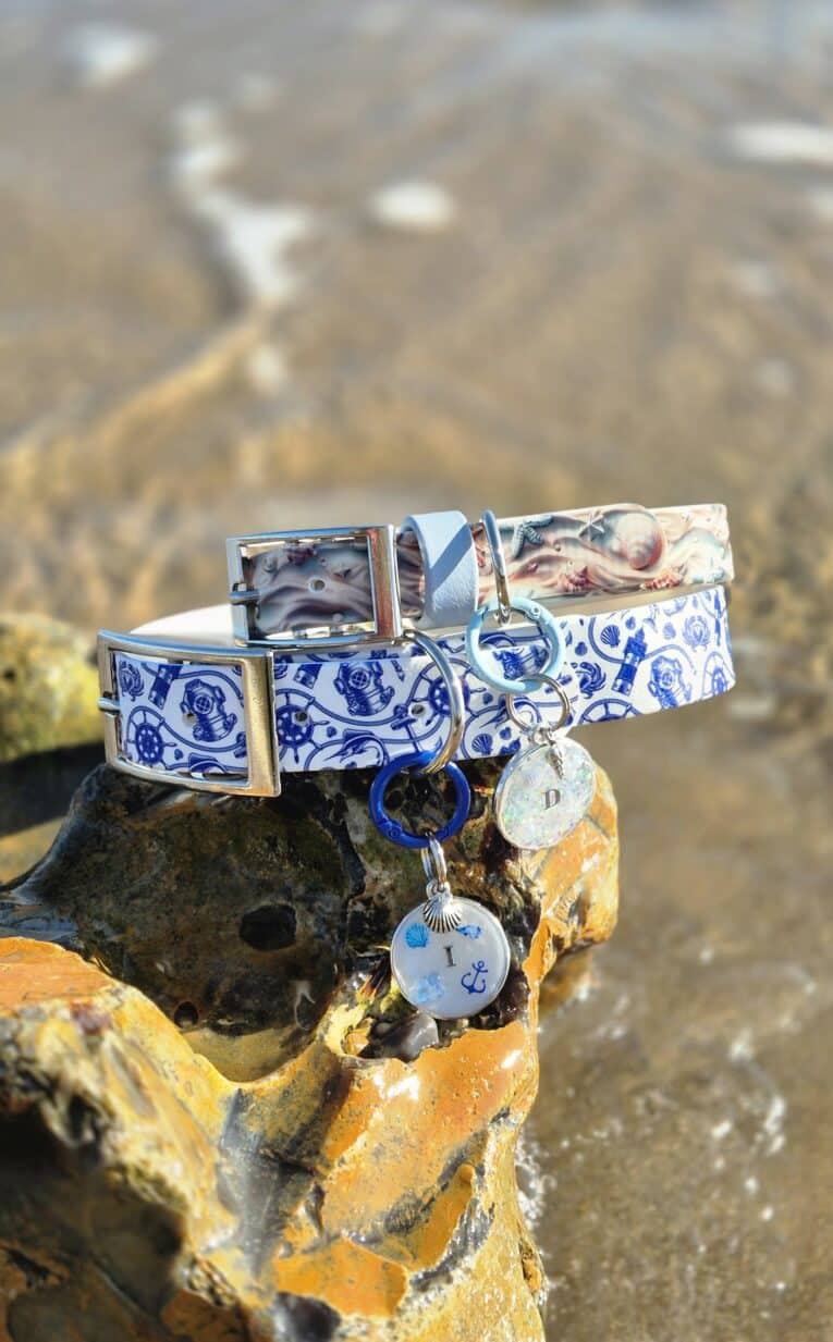Tails of the coast biothane collar in blue and white nautical print with matching personalised resin tag on coastal rock.